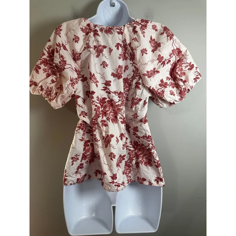 Banana Republic Pink Red Floral Toile Puff Sleeve V-Neck Cotton Blouse‎ Small S